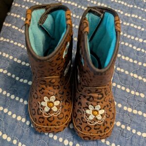 Twisted Brown and Blue Boots with Intricate Detailing